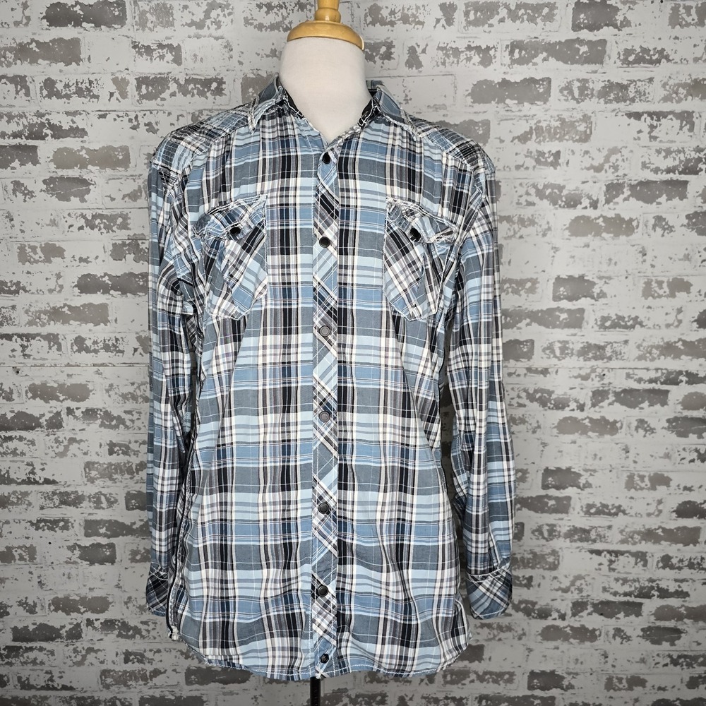 BKE Buckle Black Label Mens Blue Plaid Snap Button Long‎ Sleeve Shirt Grunge XL